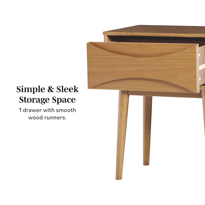 Comodino in legno massello in stile metà secolo con cassetto curvo