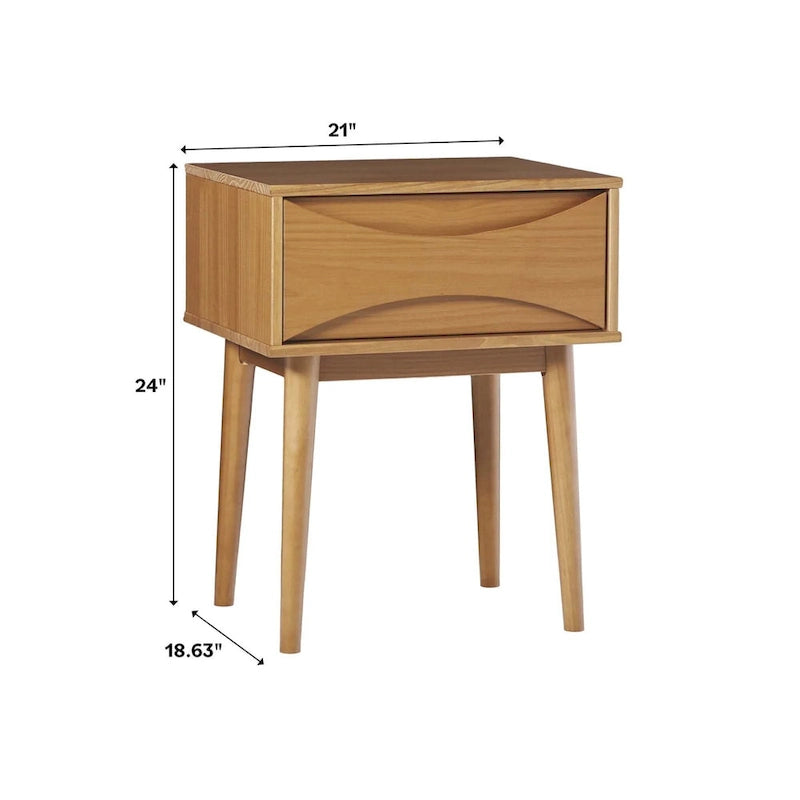 Comodino in legno massello in stile metà secolo con cassetto curvo
