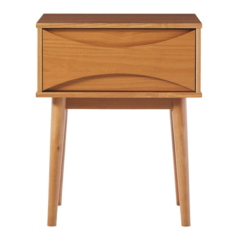 Mesa de cabeceira em madeira maciça com gaveta curva, de inspiração de meados do século XX