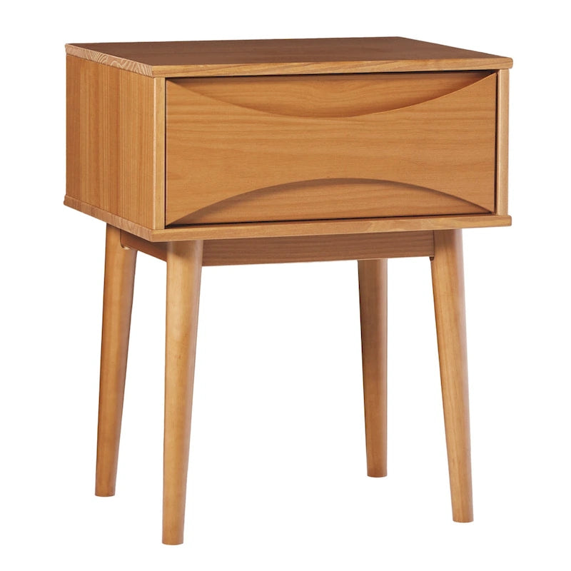 Mesa de cabeceira em madeira maciça com gaveta curva, de inspiração de meados do século XX
