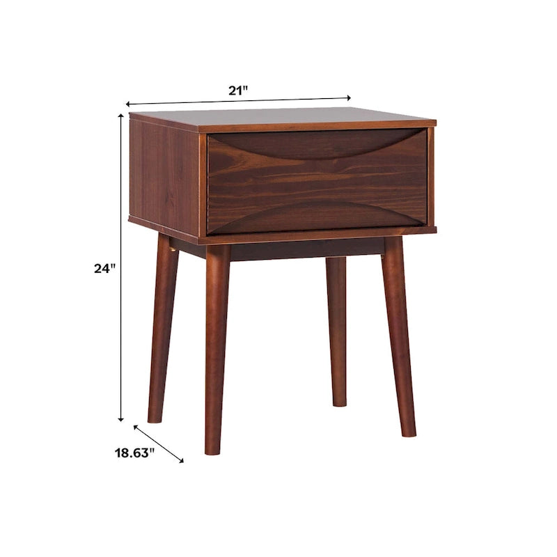Mesa de cabeceira em madeira maciça com gaveta curva, de inspiração de meados do século XX