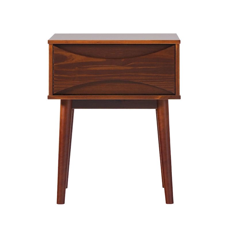 Mesa de cabeceira em madeira maciça com gaveta curva, de inspiração de meados do século XX