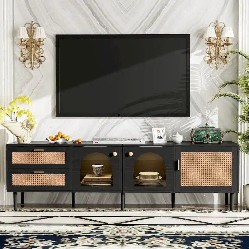 Black Rattan-Style TV Stand with LED Lighting, 2 Drawers & 4 Doors