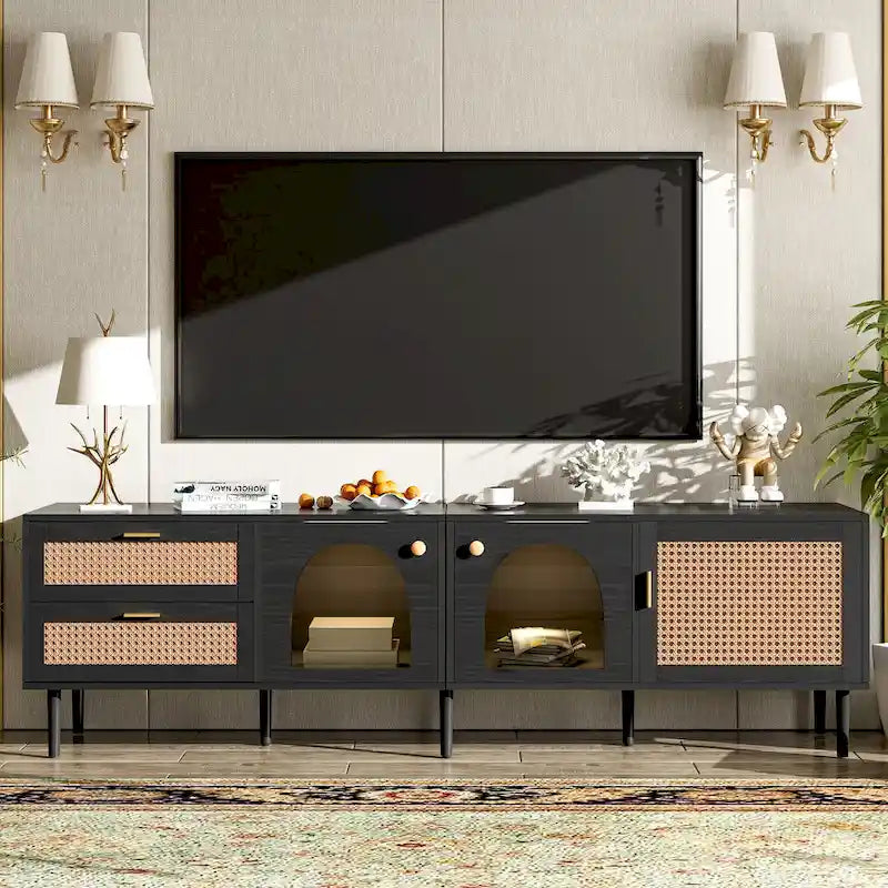 Black Rattan-Style TV Stand with LED Lighting, 2 Drawers & 4 Doors
