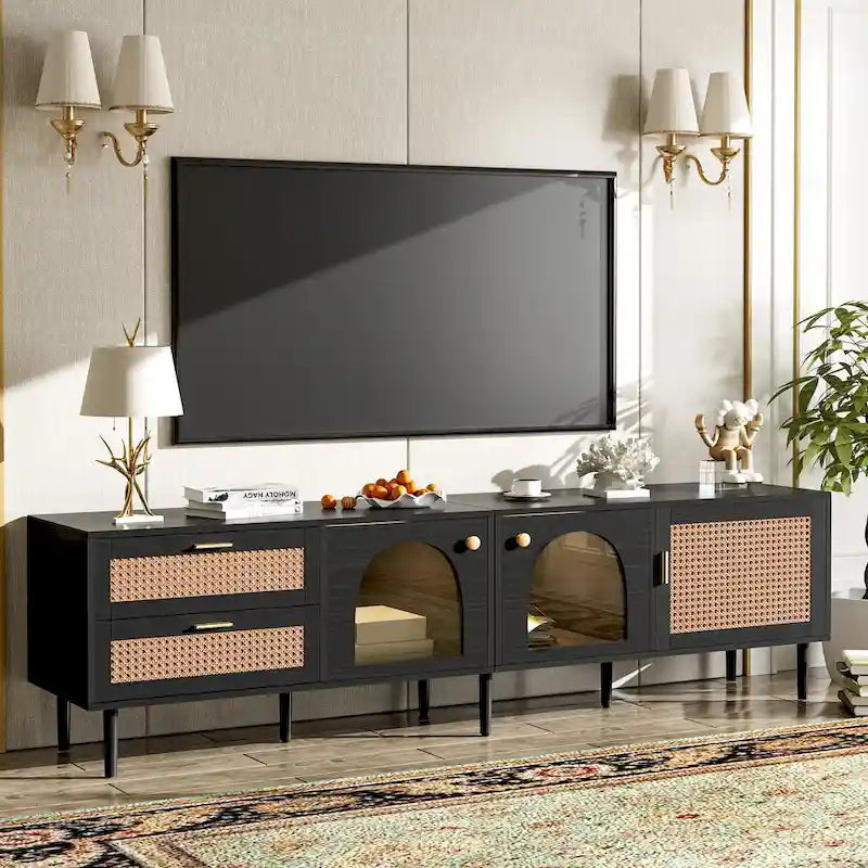 Black Rattan-Style TV Stand with LED Lighting, 2 Drawers & 4 Doors