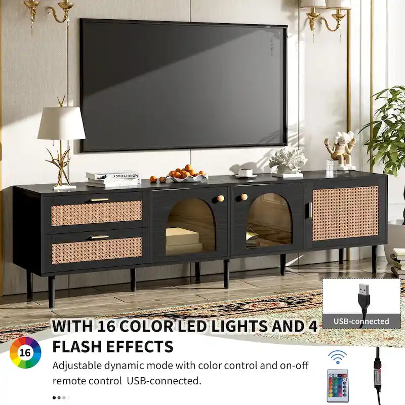 Black Rattan-Style TV Stand with LED Lighting, 2 Drawers & 4 Doors