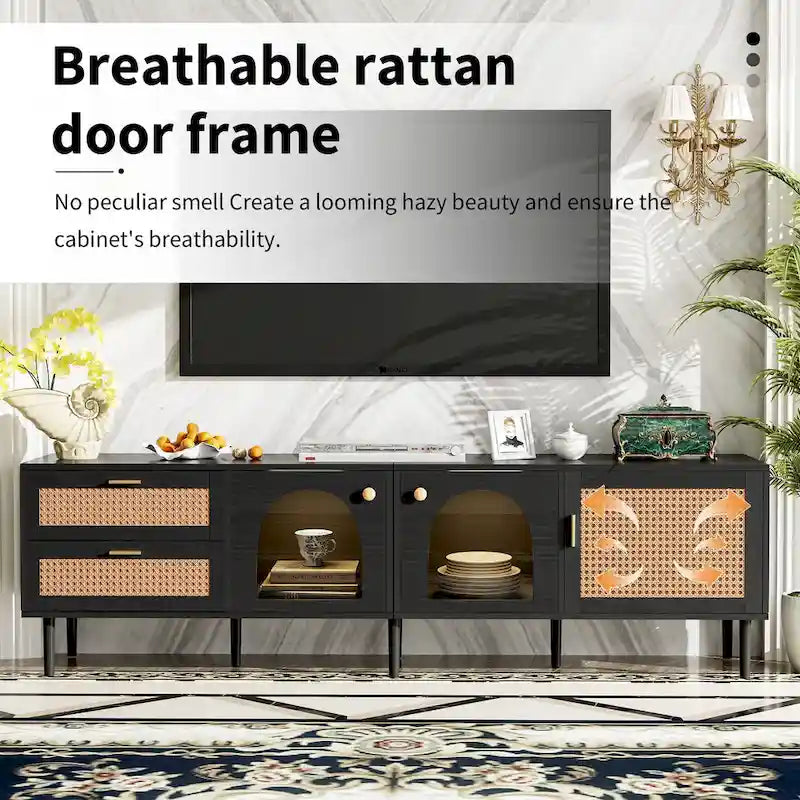 Black Rattan-Style TV Stand with LED Lighting, 2 Drawers & 4 Doors