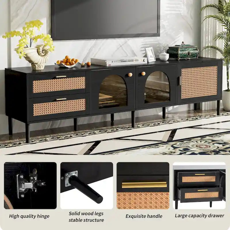 Black Rattan-Style TV Stand with LED Lighting, 2 Drawers & 4 Doors