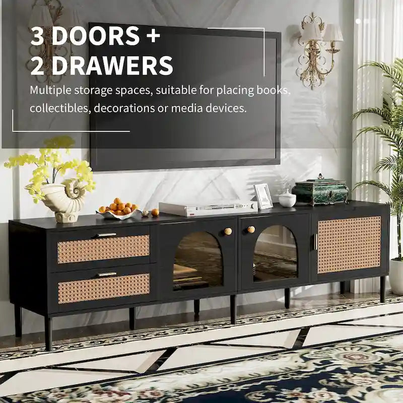 Black Rattan-Style TV Stand with LED Lighting, 2 Drawers & 4 Doors