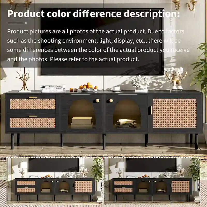 Black Rattan-Style TV Stand with LED Lighting, 2 Drawers & 4 Doors