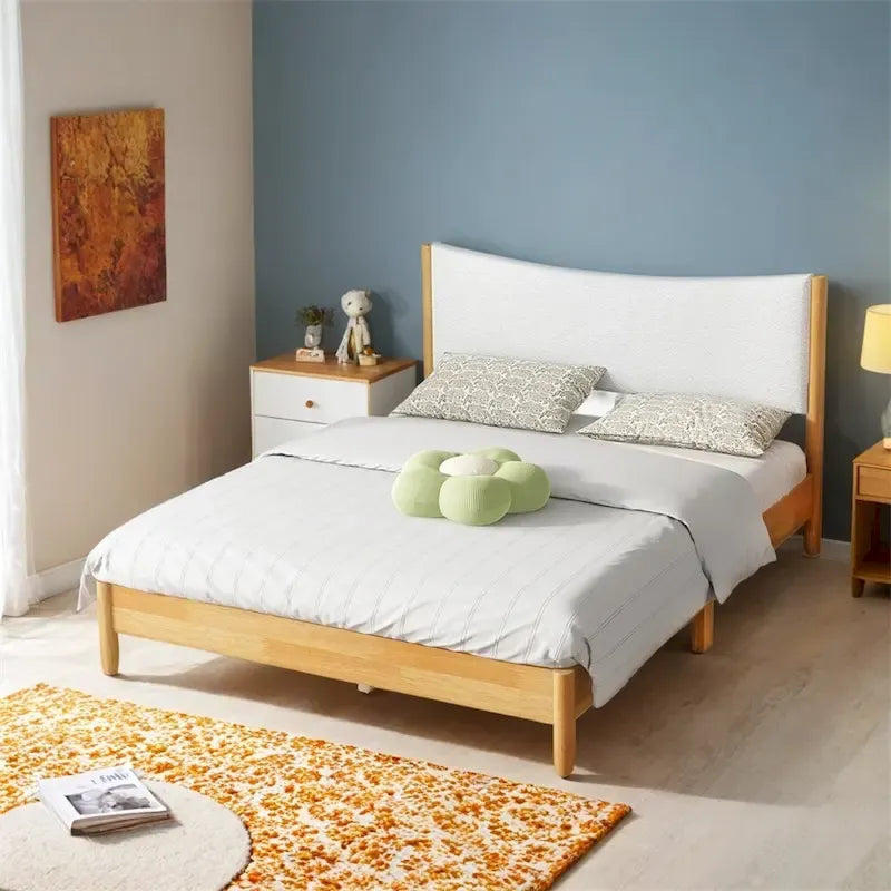 Queen Size Rubber Wooden,Solid Wooden Bed with Upholstered Headboard