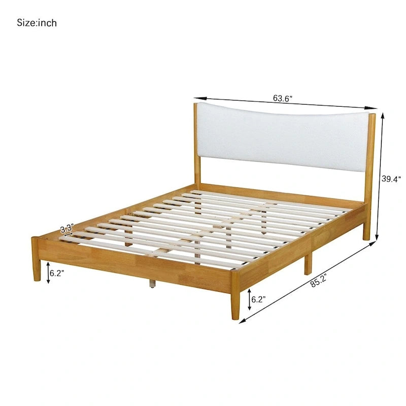 Queen-Size Rubberwood Bed with Teddy Fleece Upholstered Headboard
