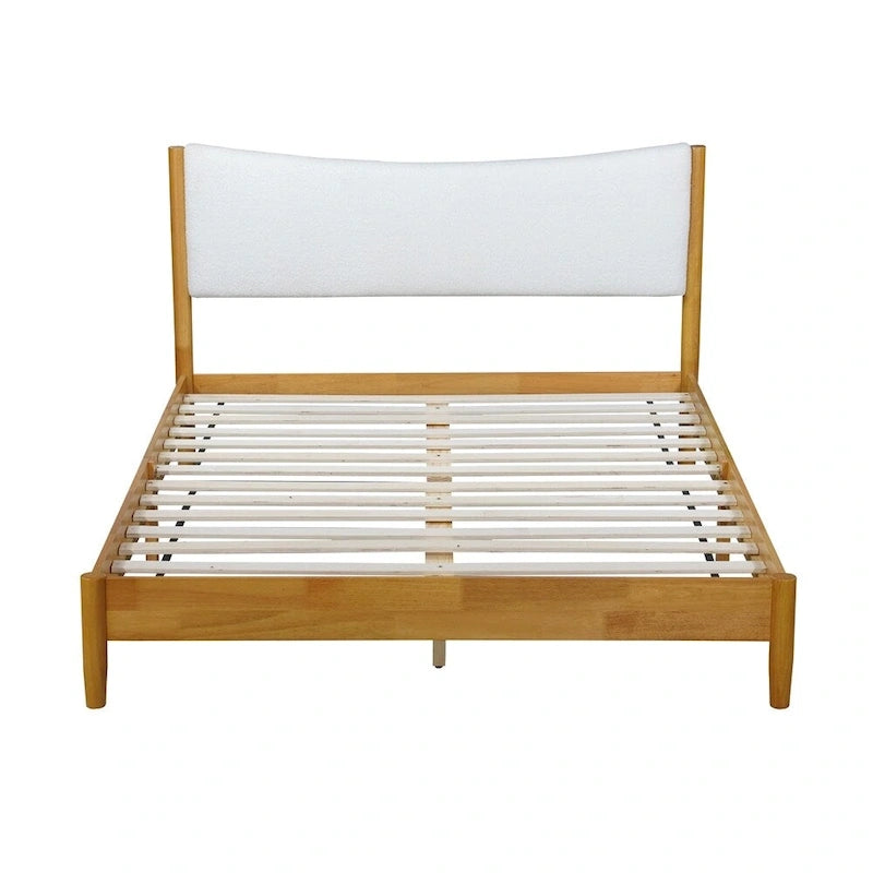 Queen-Size Rubberwood Bed with Teddy Fleece Upholstered Headboard