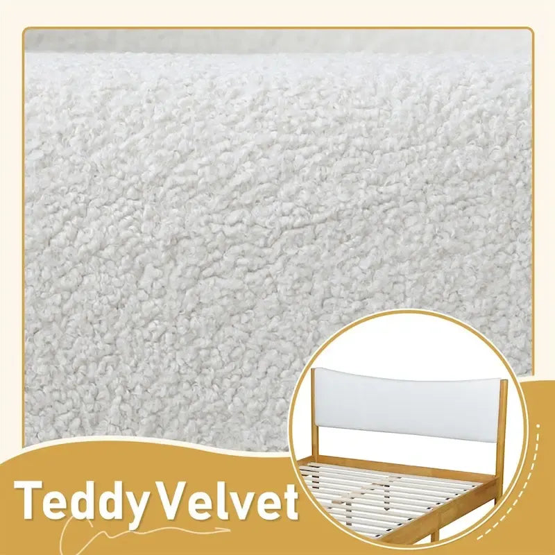 Queen-Size Rubberwood Bed with Teddy Fleece Upholstered Headboard