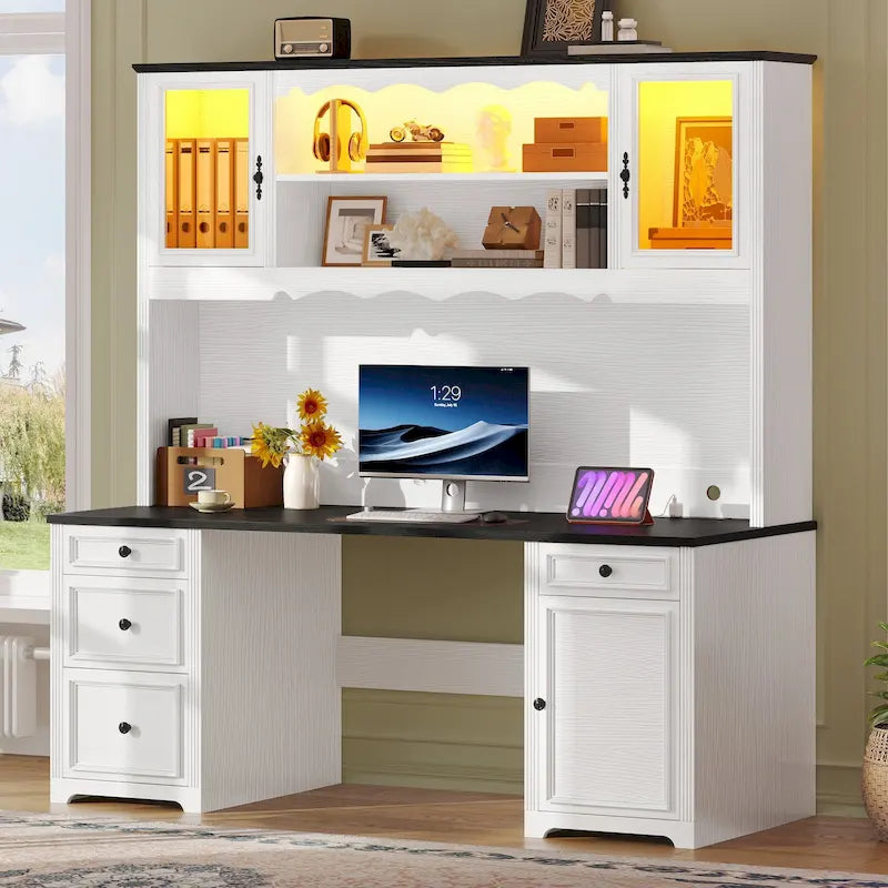 Executive Office Desk with Hutch, Drawers, Storage Cabinet & LED Lights