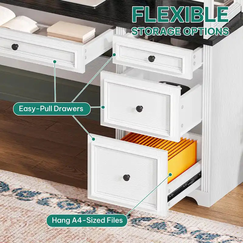 Executive Office Desk with Hutch, Drawers, Storage Cabinet & LED Lights