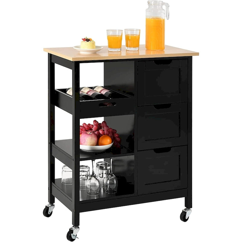 Rolling Kitchen Island Cart on Wheels with Pine Wood Top, Drawers and Shelves