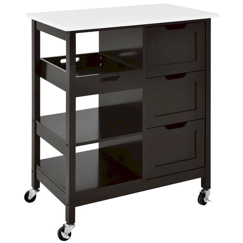 Rolling Kitchen Island Cart on Wheels with Pine Wood Top, Drawers and Shelves