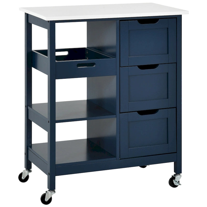 Rolling Kitchen Island Cart on Wheels with Pine Wood Top, Drawers and Shelves