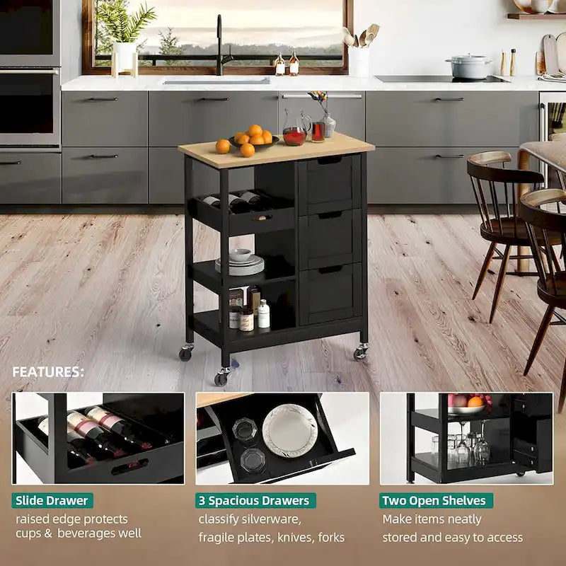 Rolling Kitchen Island Cart on Wheels with Pine Wood Top, Drawers and Shelves
