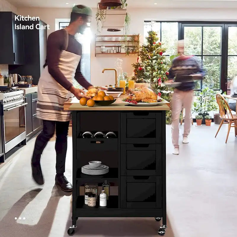 Rolling Kitchen Island Cart on Wheels with Pine Wood Top, Drawers and Shelves