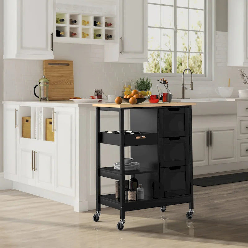 Rolling Kitchen Island Cart on Wheels with Pine Wood Top, Drawers and Shelves