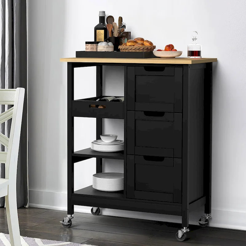 Rolling Kitchen Island Cart on Wheels with Pine Wood Top, Drawers and Shelves