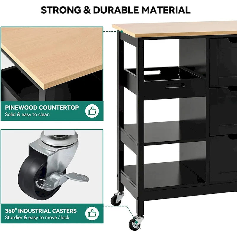 Rolling Kitchen Island Cart on Wheels with Pine Wood Top, Drawers and Shelves
