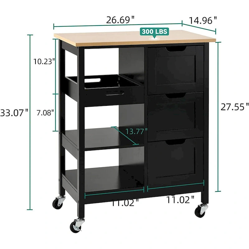 Rolling Kitchen Island Cart on Wheels with Pine Wood Top, Drawers and Shelves