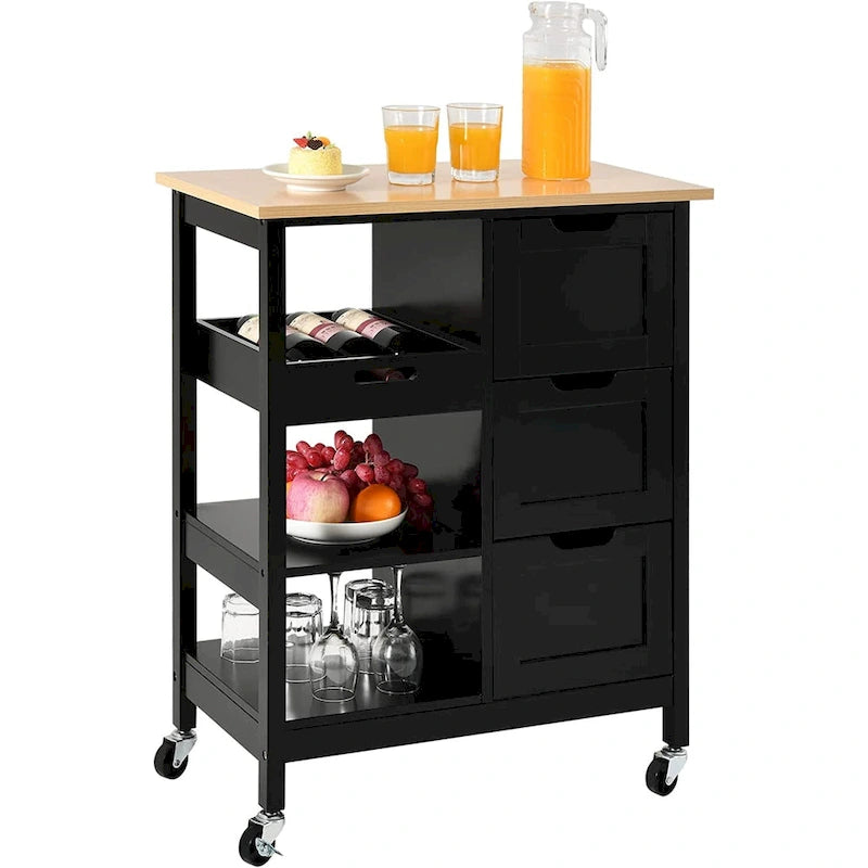 Rolling Kitchen Island Cart on Wheels with Pine Wood Top, Drawers and Shelves