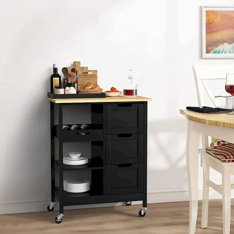 Rolling Kitchen Island Cart on Wheels with Pine Wood Top, Drawers and Shelves
