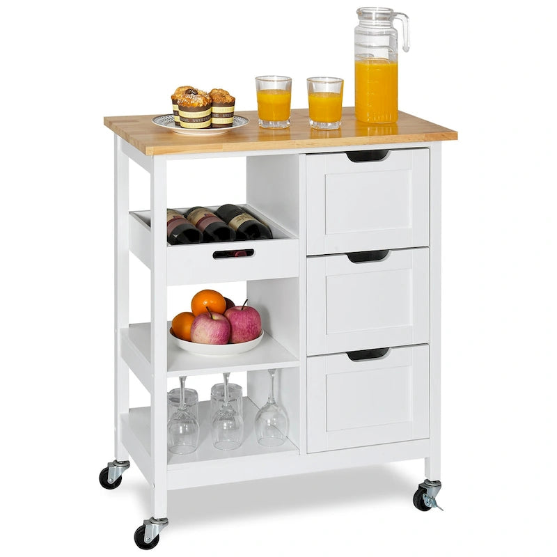 Rolling Kitchen Island Cart on Wheels with Pine Wood Top, Drawers and Shelves