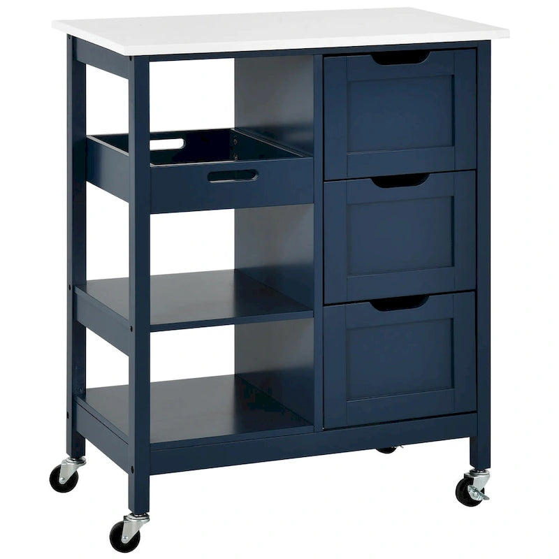 Rolling Kitchen Island Cart on Wheels with Pine Wood Top, Drawers and Shelves