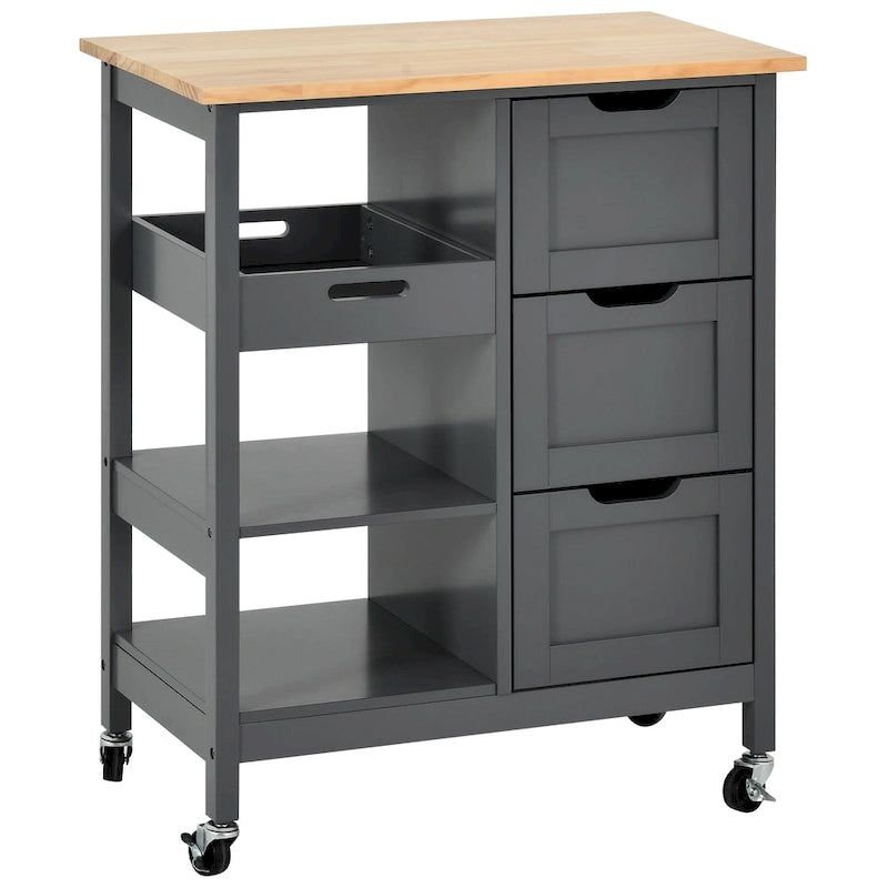 Rolling Kitchen Island Cart on Wheels with Pine Wood Top, Drawers and Shelves