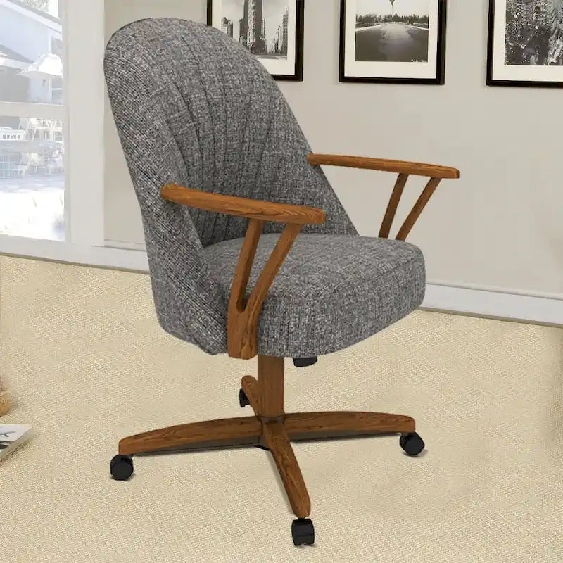 Upholstered Swivel Caster Dining Chair with Chestnut Wood Arms