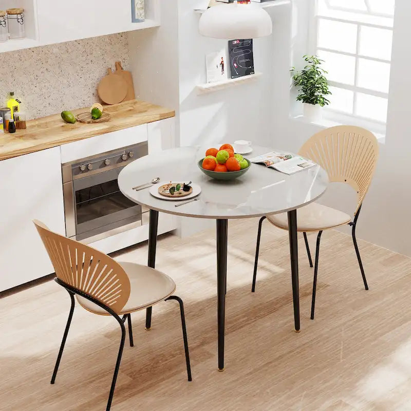 Round Marble-Look Dining Table with Black Metal Legs, 31.5 × 30 in
