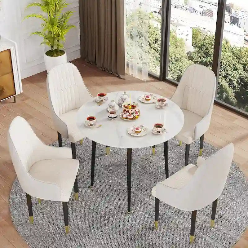 Round Marble-Look Dining Table with Black Metal Legs, 31.5 × 30 in