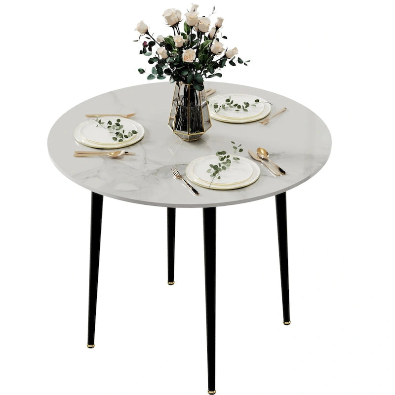 Runder Esstisch in Marmoroptik mit schwarzen Metallbeinen, 31.5 × 30 in