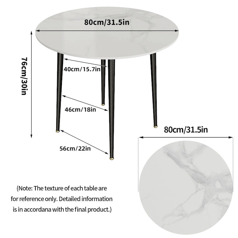 Runder Esstisch in Marmoroptik mit schwarzen Metallbeinen, 31.5 × 30 in
