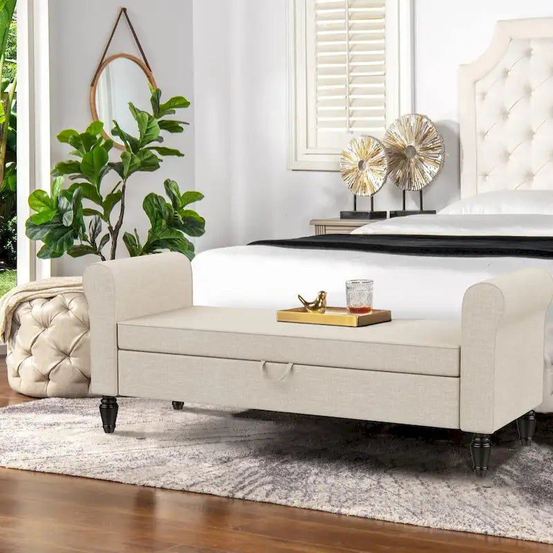 Banc ottoman de rangement avec accoudoirs rembourrés, banc au pied du lit