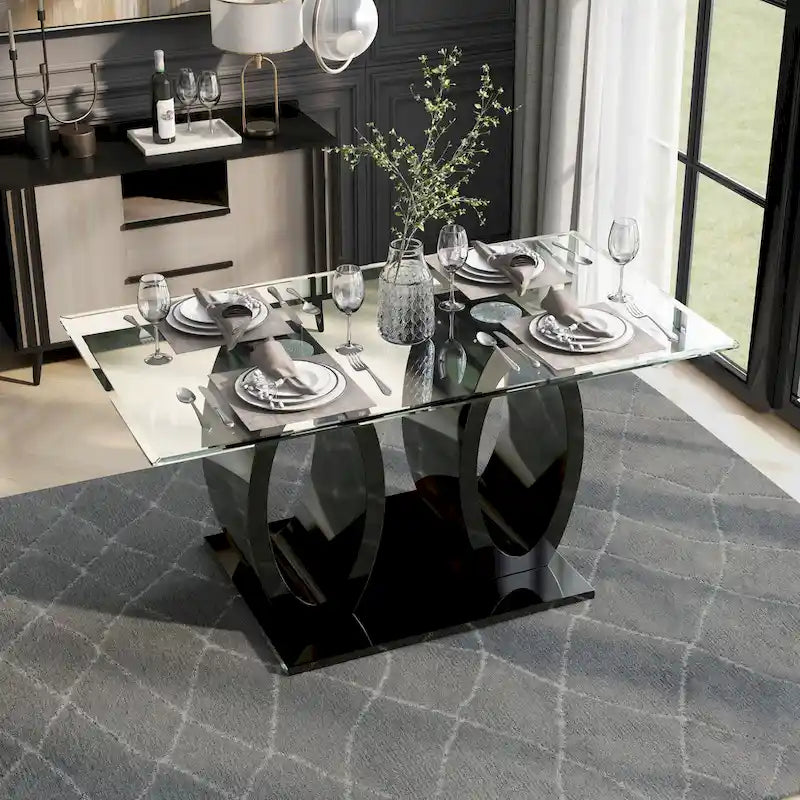 Contemporary 63-inch Double Ring Glass Top Dining Table