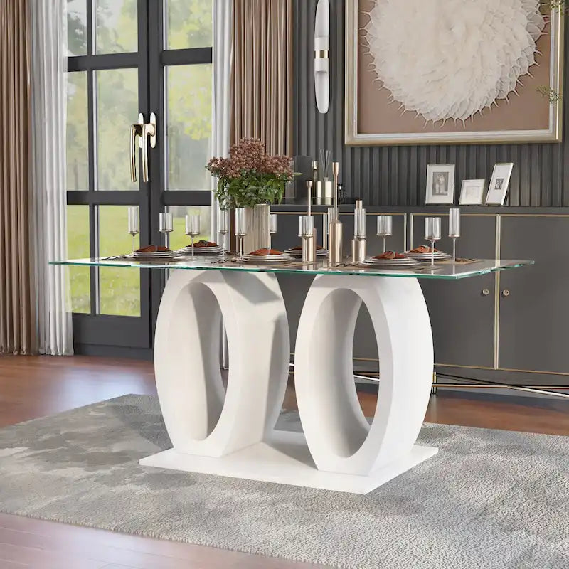 Contemporary 63-inch Double Ring Glass Top Dining Table