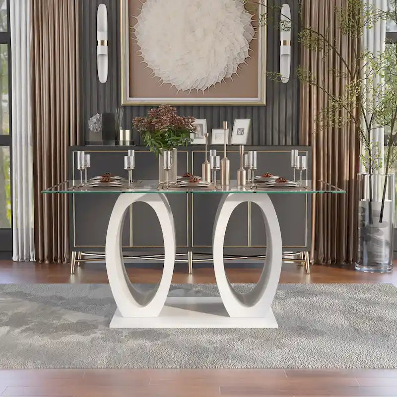 Contemporary 63-inch Double Ring Glass Top Dining Table