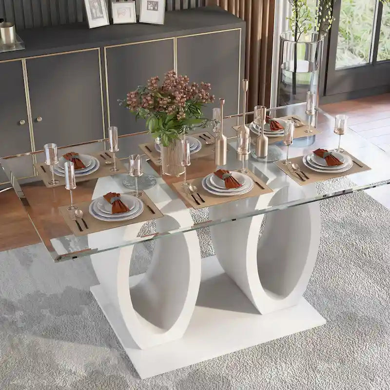 Contemporary 63-inch Double Ring Glass Top Dining Table