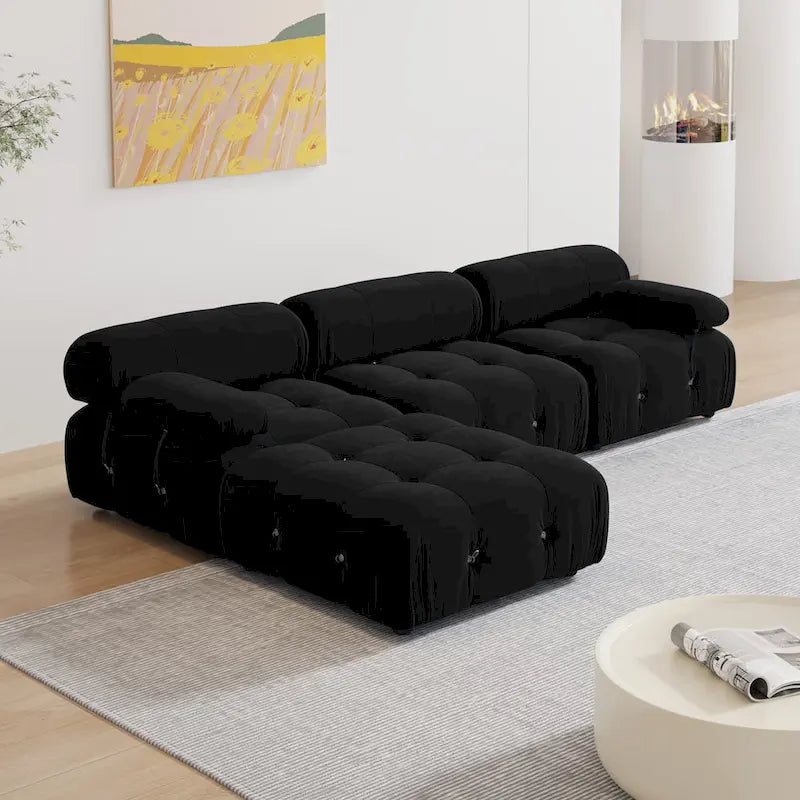 Black Velvet Upholstered Sectional Sofa