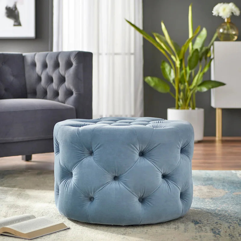 Pouf rond en velours capitonné à boutons