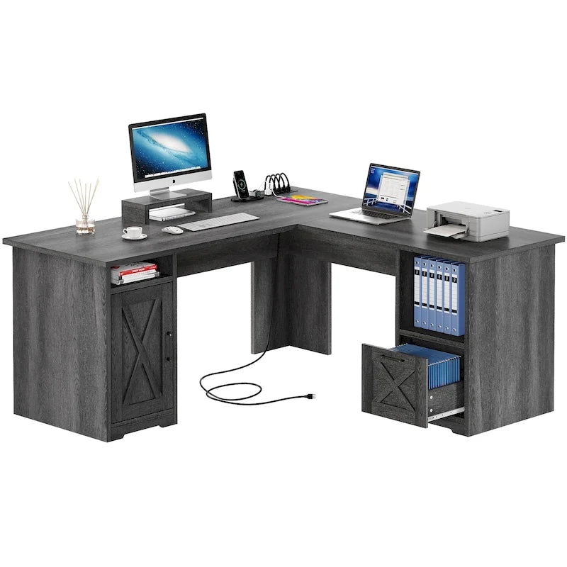 L-Shaped Gaming Desk with Monitor Stand, Drawers & Charging Station