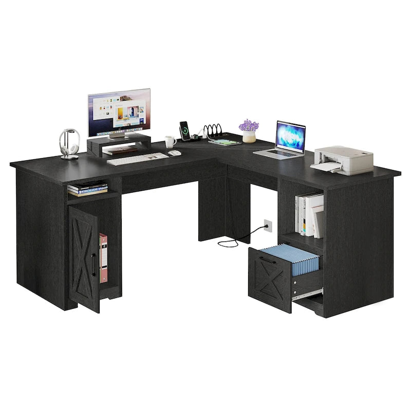 L-Shaped Gaming Desk with Monitor Stand, Drawers & Charging Station