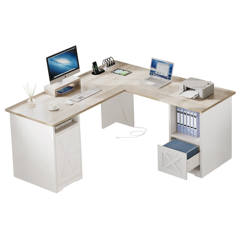 L-Shaped Gaming Desk with Monitor Stand, Drawers & Charging Station