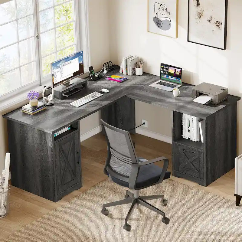 L-Shaped Gaming Desk with Monitor Stand, Drawers & Charging Station